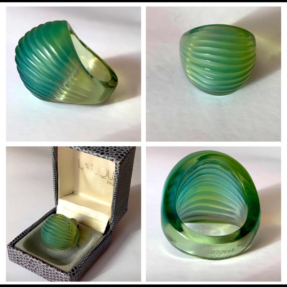 Lalique France - Vintage Nerita Art Glass Ring, Green-Blue